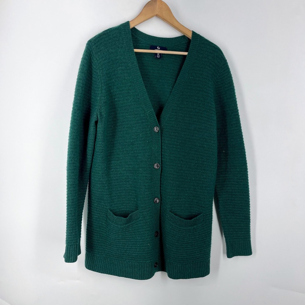 Lands End Mens Cashmere Textured Rib Knit V-Neck Button Front Cardigan Size M